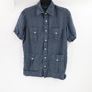 Spier & Mackay Shirt Mens small blue Linen Button Front Utility Pockets safari